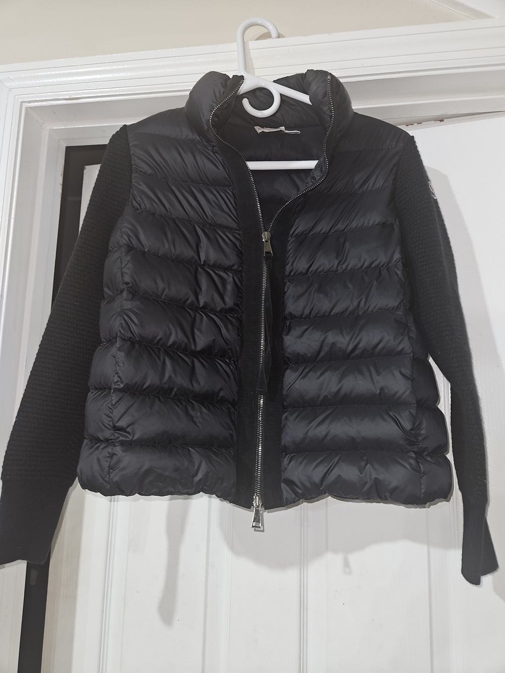 Moncler Black Quilted Puffer Jacket with Knit Sleeves
